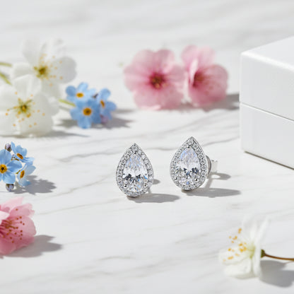 Italian Water Drop Design Halo 2 Carat Moissanite Earrings set in Platinum Plated 925 Silver (GRA) Capella Reya pic 3 front image