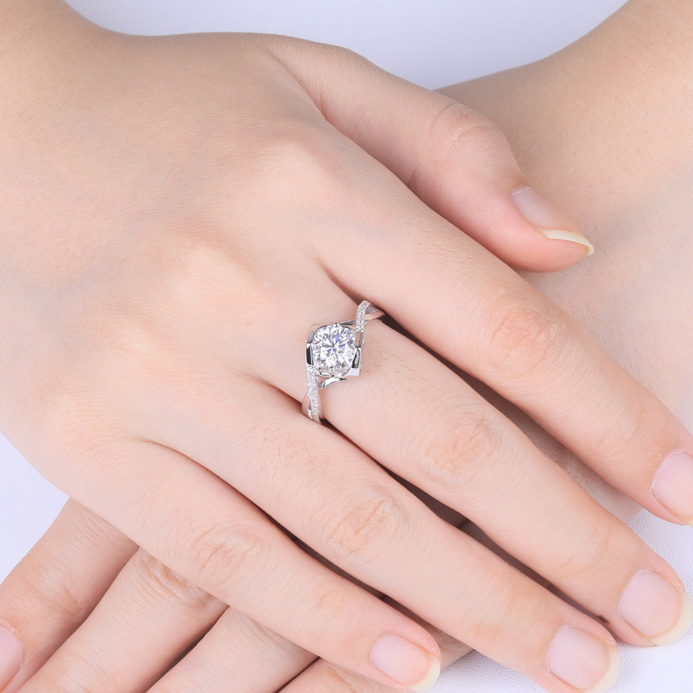 French Kiss Pavé Design 1 Carat Moissanite Diamond Ring set in 18K White Gold Plated 925 Silver (GRA)