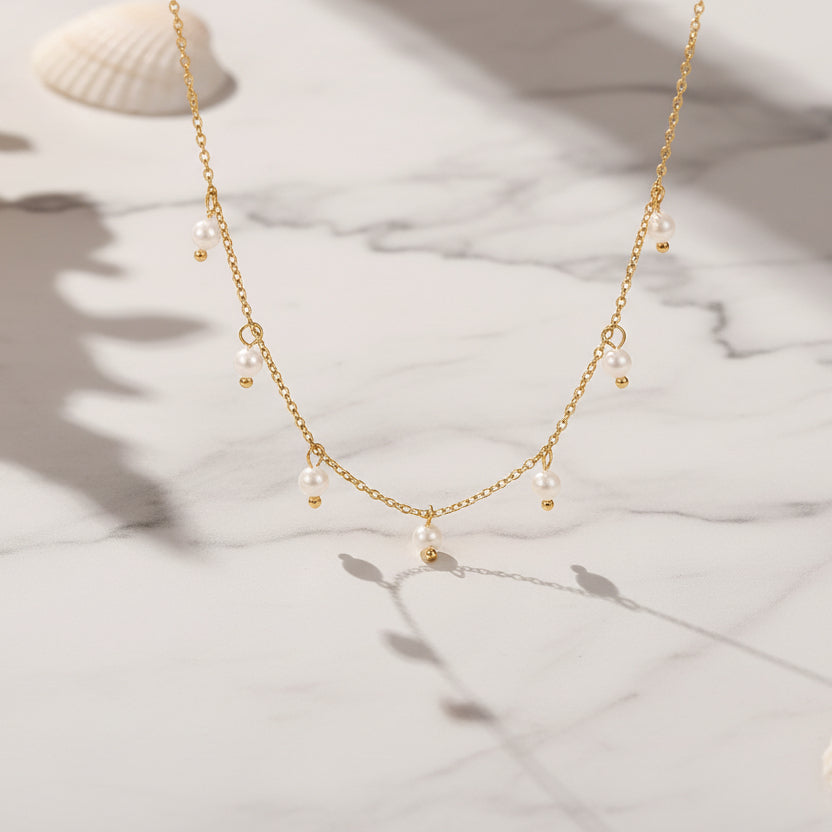 Italian Design Elegant Style Fresh Pearl Tassel Necklace set in 18K Gold Plating