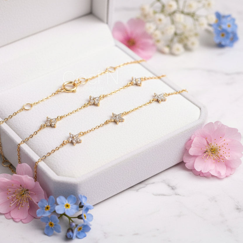 Four Leaf Clover Natural Zircon Gemstone Bracelet set in 18K Gold Plated 925 Sterling Silver