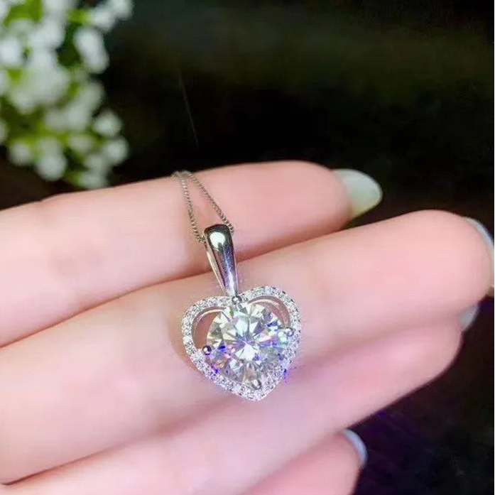 Mosaic French Heart 2 Carat Moissanite Pendant set in Platinum Plated 925 Silver (GRA) Capella Jewellery