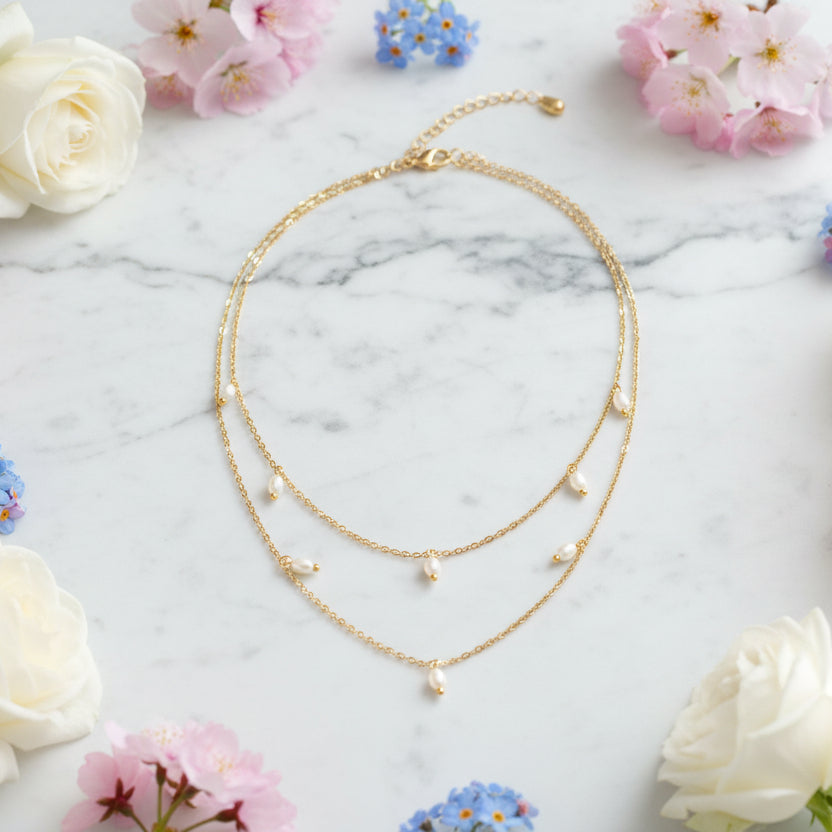 Italian Design Natural Pearl Double Layer Twin Necklace set in 18K Gold Plating