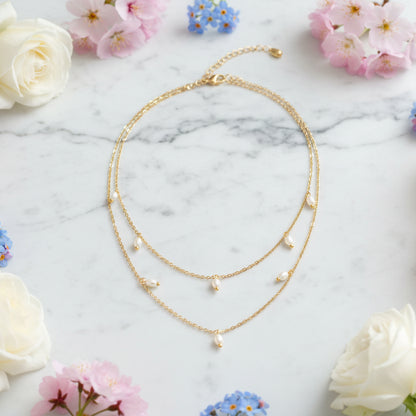 Elegant Italian Design Real Natural Pearl Double Layer Twin Necklace set in 18K Gold Plating Capella Jewellery