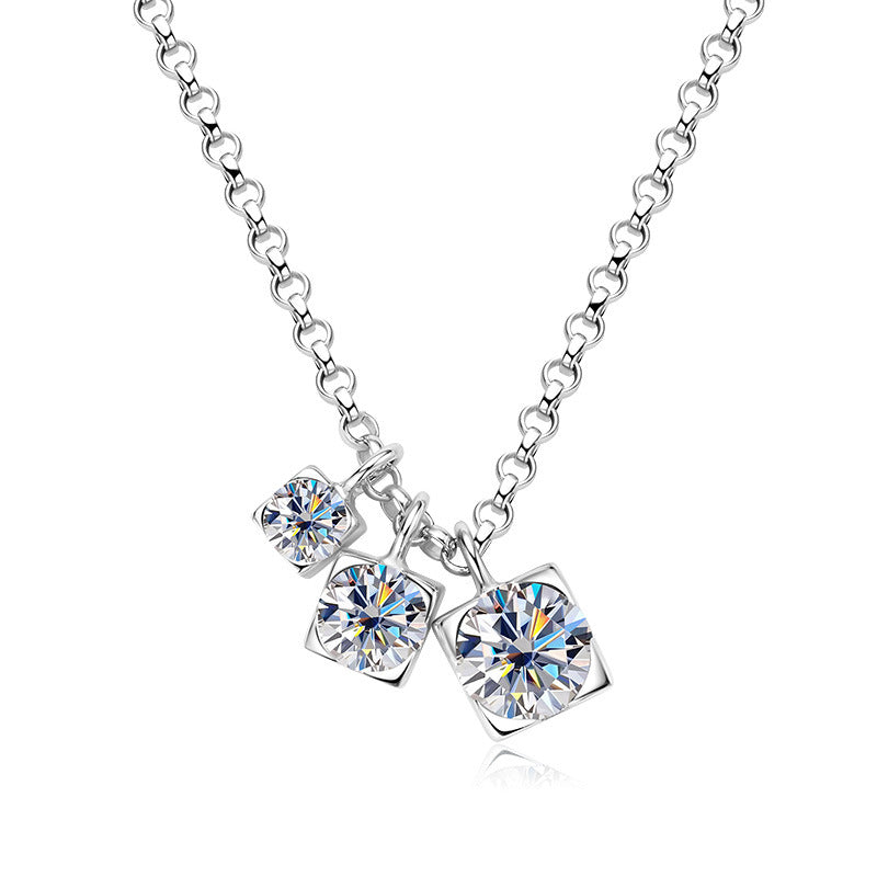 Three Stones 0.9 Carat Moissanite Diamond Pendant set in 925 Sterling Silver Necklace (GRA)