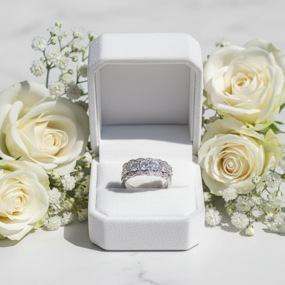 French Half Eternity Ring 2 Carat Moissanite Diamond set in 18K White Gold Plated 925 Silver (GRA)
