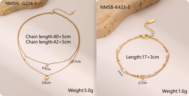 18K Gold Plated Double-layer Six-pointed Star and Rhinestone Pearls Necklace and Bracelet set