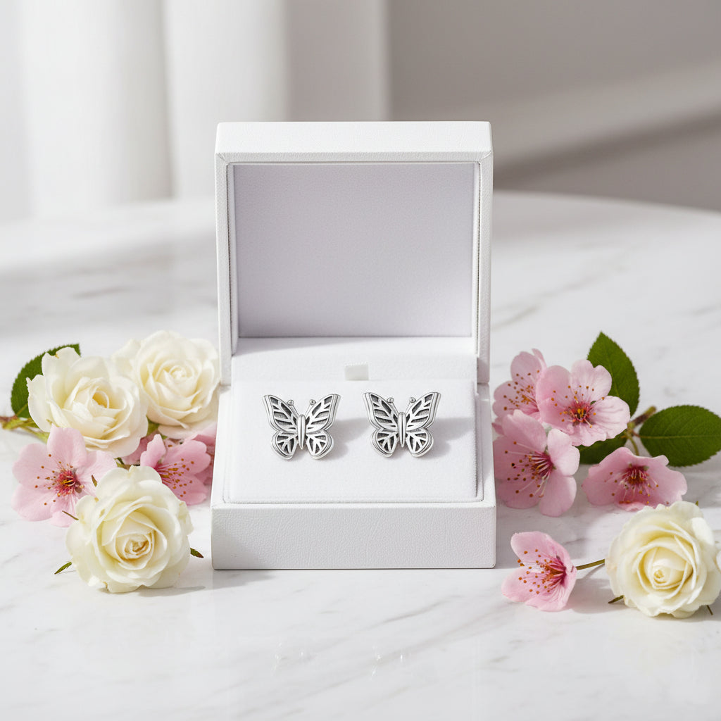 Japanese Design Retro Ziyun Butterfly Motif Earrings set in 925 Sterling Silver