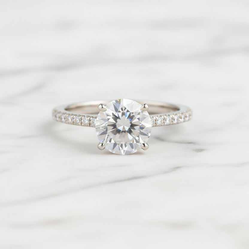 European Solitaire Pavé Inlay Sides 2 Carat Moissanite Ring set in 18K White Gold Plated 925 Silver (GRA) Capella Jewellery