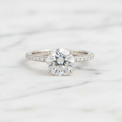 European Solitaire Pavé Inlay Sides 2 Carat Moissanite Ring set in 18K White Gold Plated 925 Silver (GRA) Capella Jewellery