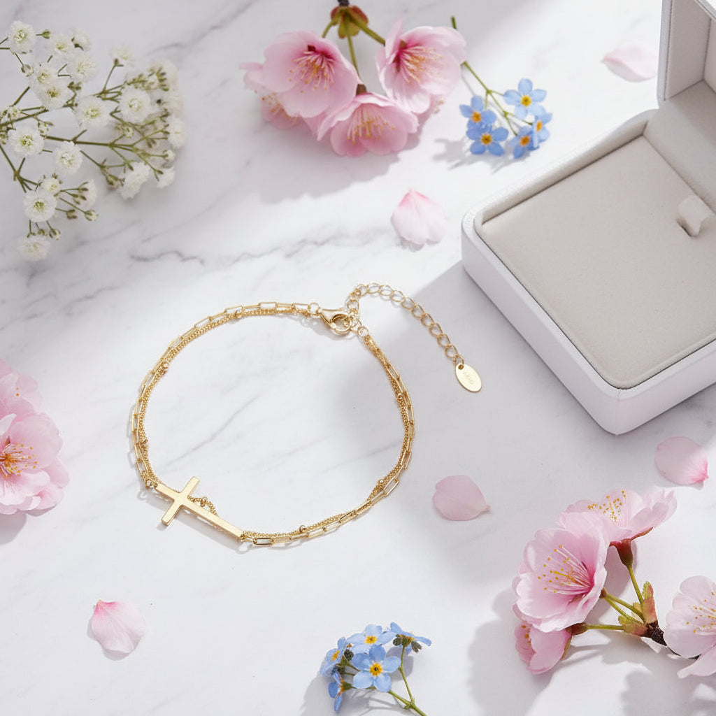 Italian Faith Double-Layer Christian Cross Design Bracelet set in 18K Gold Plated 925 Sterling Silver Capella Jewellery