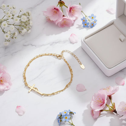 Italian Faith Double-Layer Christian Cross Design Bracelet set in 18K Gold Plated 925 Sterling Silver Capella Jewellery