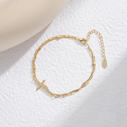 Italian Faith Double-Layer Christian Cross Design Bracelet set in 18K Gold Plated 925 Sterling Silver Capella Jewellery