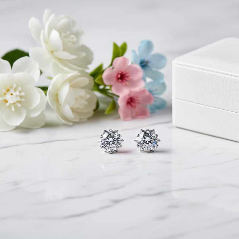 European Snowflake Design 2 Carat Moissanite Diamond Earrings set in 925 Silver (GRA)