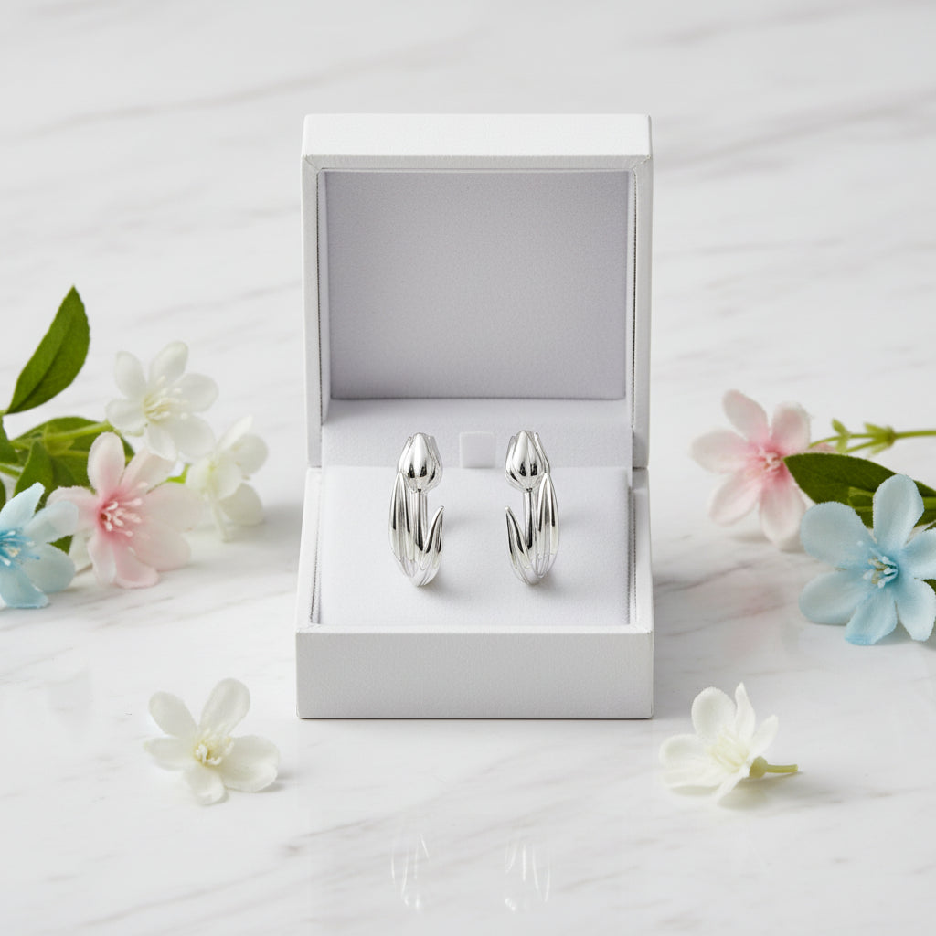 European Tulip Inspired Design Earrings set in Platinum Plated 925 Pure Sterling Silver