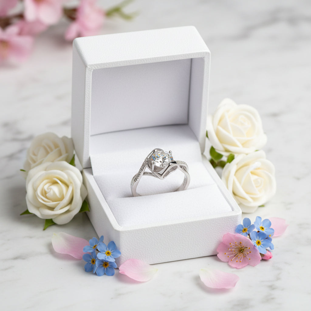 French Kiss Pavé Design 1 Carat Moissanite Diamond Ring set in 18K White Gold Plated 925 Silver (GRA)