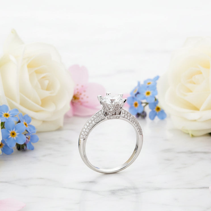 Hearts & Arrows Engagement Ring Pavé Micro Inlay 1 Carat Moissanite Diamond set in Platinum Plated S925 Silver