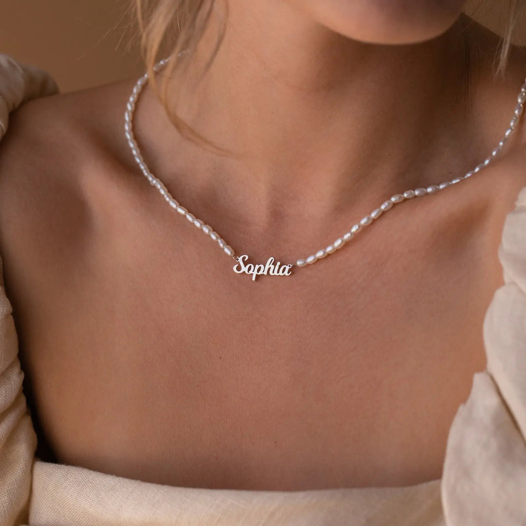 Pearl Necklace with Personalized Name Engraving
